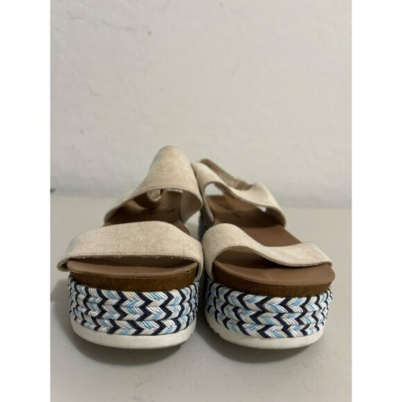 Skechers Luxe Foam Sz 8 Beige Blue Platform Espadrille Velcro Faux Buckle Entry - Picture 2 of 8